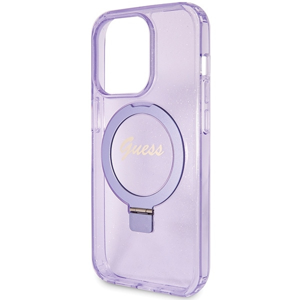 Etui Guess GUHMP15LHRSGSU iPhone 15 Pro 6.1" fioletowy/purple hardcase Ring Stand Script Glitter MagSafe Case