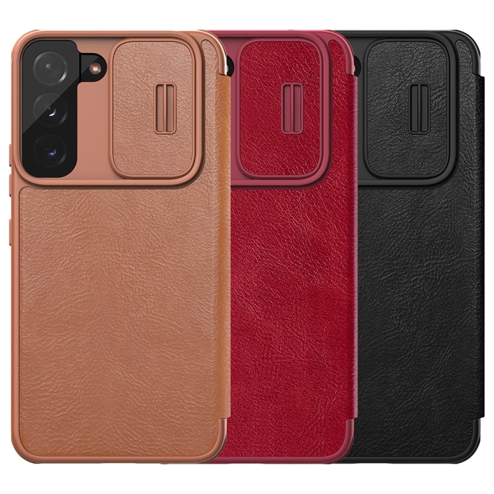 Nillkin Qin Leather Pro Case etui do Samsung Galaxy S22+ (S22 Plus) osłona na aparat kabura pokrowiec obudowa z klapką brązowy