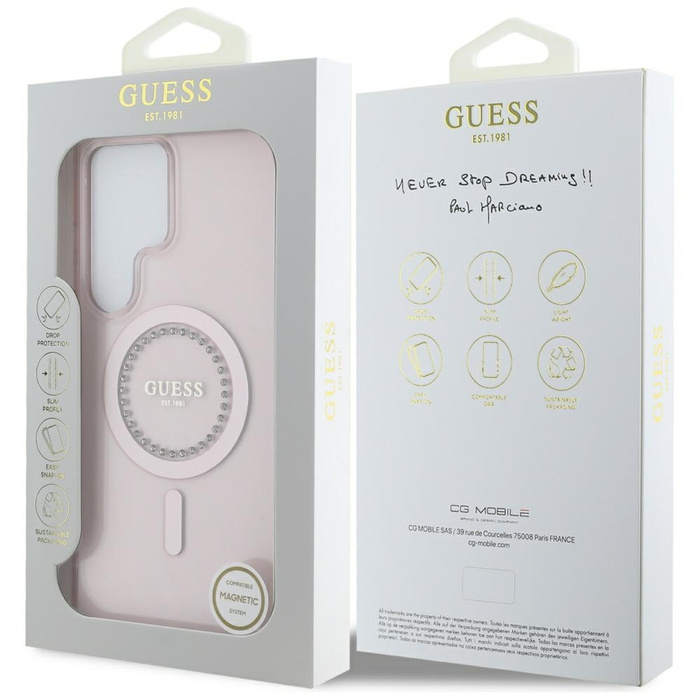 Etui Guess Rhinestones Printed Classic    Logo MagSafe Samsung Galaxy S25 Ultra różowy