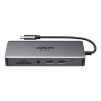 Hub USB-C Ugreen CM681, 4x USB, 2x HDMI, DisplayPort, RJ45, SD/TF, AUX, PD 100W (szary)