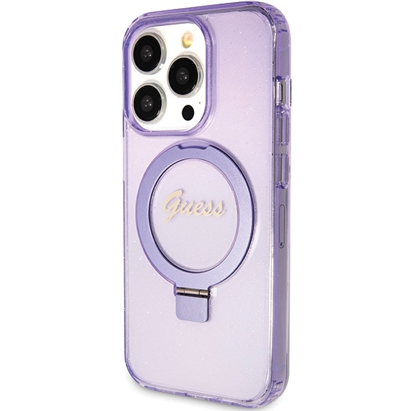 Etui Guess GUHMP15LHRSGSU iPhone 15 Pro 6.1" fioletowy/purple hardcase Ring Stand Script Glitter MagSafe Case