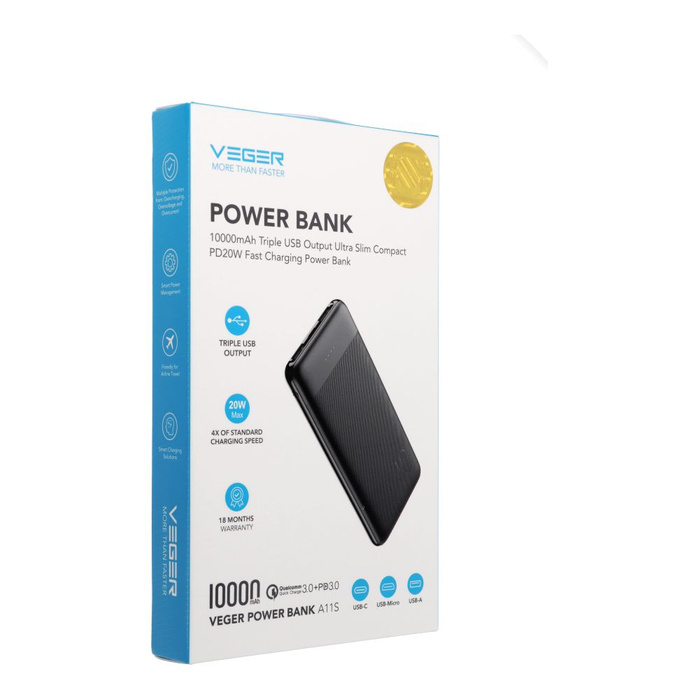 VEGER powerbank 10000 mAh PD QC3.0 2A 20W A11S (W1133S) czarny.