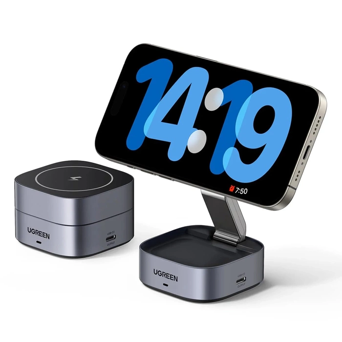 Ładowarka indukcyjna Qi 2w1 Ugreen W256 do iPhone, AirPods, 20W (czarna) + kabel USB-C do USB-C 1m