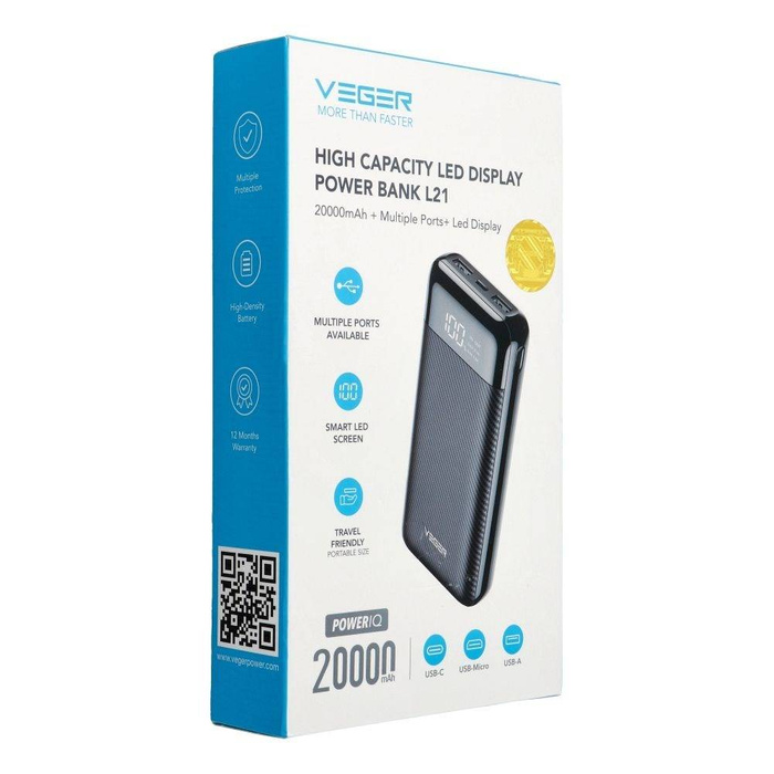 Bateria zewnętrzna (POWER BANK) VEGER L20 - 20 000mAh LCD czarny (W2019)