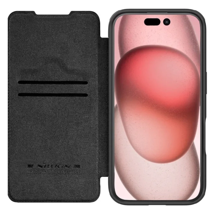 Etui Nillkin Qin Prop Leather Case z osłoną na aparat i podstawką na iPhone 16 Pro czarne (L)