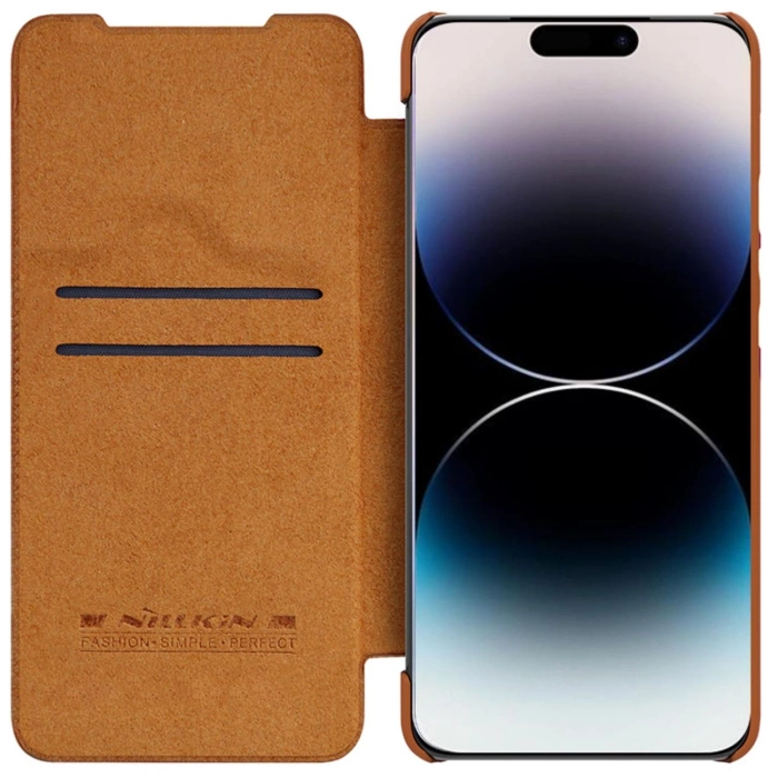 Nillkin Qin Leather Pro Case etui iPhone 14 Pro Max osłona na aparat kabura pokrowiec obudowa z klapką brązowy