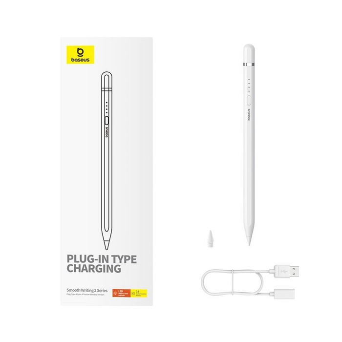 BASEUS rysik do telefonu pojemnościowy Stylus Writing 2 Lite LED (wersja aktywna + bezprzewodowy + kabel USB A do Lightning 8-pin) 130 mAh biały P80015806211-02/BS-PS030