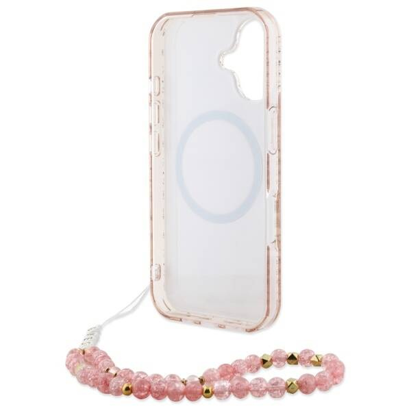 Etui Guess iPhone 16 6.1" różowy/pink hardcase IML Flowers Allover Electro With Pearl Strap MagSafe