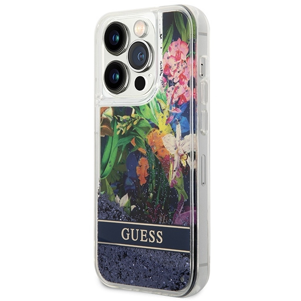 Etui GUESS Apple iPhone 14 Pro Max Flower Liquid Glitter Niebieski Hardcase