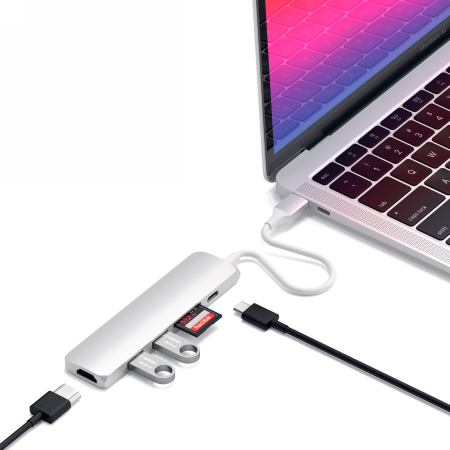 Satechi Aluminium Adapter Slim v2 - aluminiowy adapter podróżny do urządzeń mobilnych USB-C (USB-C, 2x USB-A, 4K HDMI, czytnik kart micro/SD) (silver)