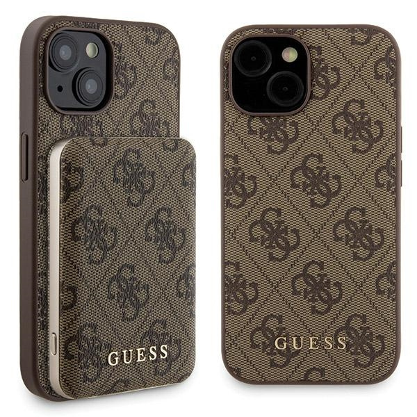 Zestaw Guess GUBPM5P15S4GEMGW iPhone 15 6.1" hardcase + Powerbank 5000mAh MagSafe brązowy/brown 4G Metal Logo