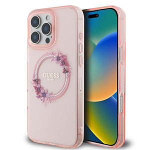 Etui Guess iPhone 16 Pro 6.3" różowy/pink hardcase IML Flowers Wreath MagSafe