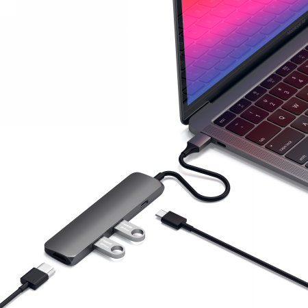 Satechi Aluminium Adapter Slim - aluminiowy adapter do urządzeń mobilnych USB-C (USB-C, 4K HDMI, 2x USB-A) (space gray)