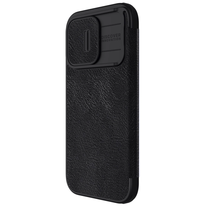 Skórzane etui z klapką osłoną aparatu do iPhone 15 Pro Max Nillkin Qin Pro Leather - czarne