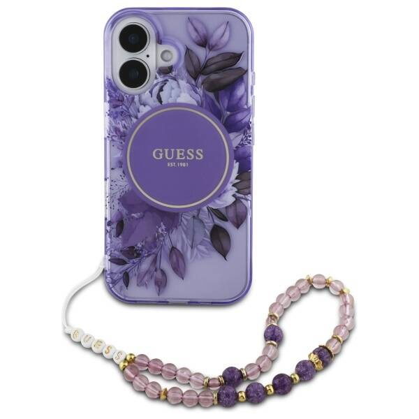 Etui Guess iPhone 16 6.1" fioletowy/purple hardcase IML Flowers With Pearl Strap MagSafe