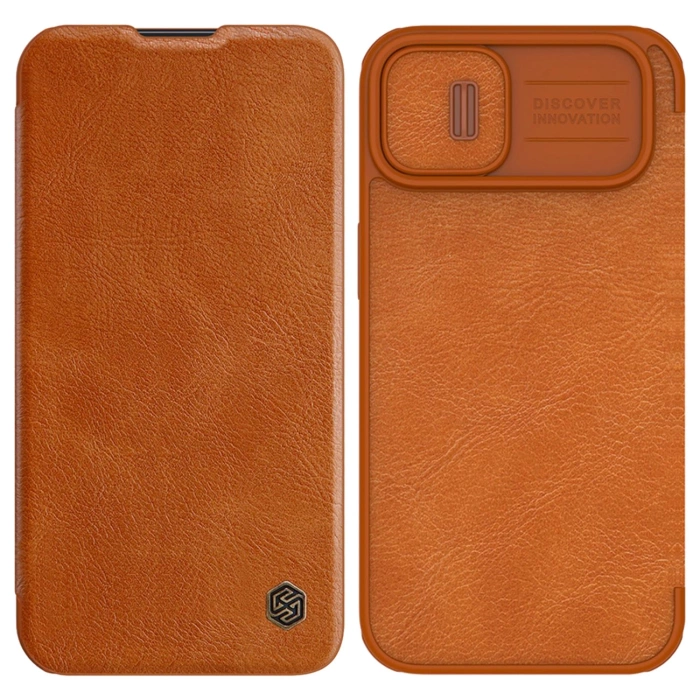 Nillkin Qin Leather Pro Case etui iPhone 14 Plus osłona na aparat kabura pokrowiec obudowa z klapką brązowy