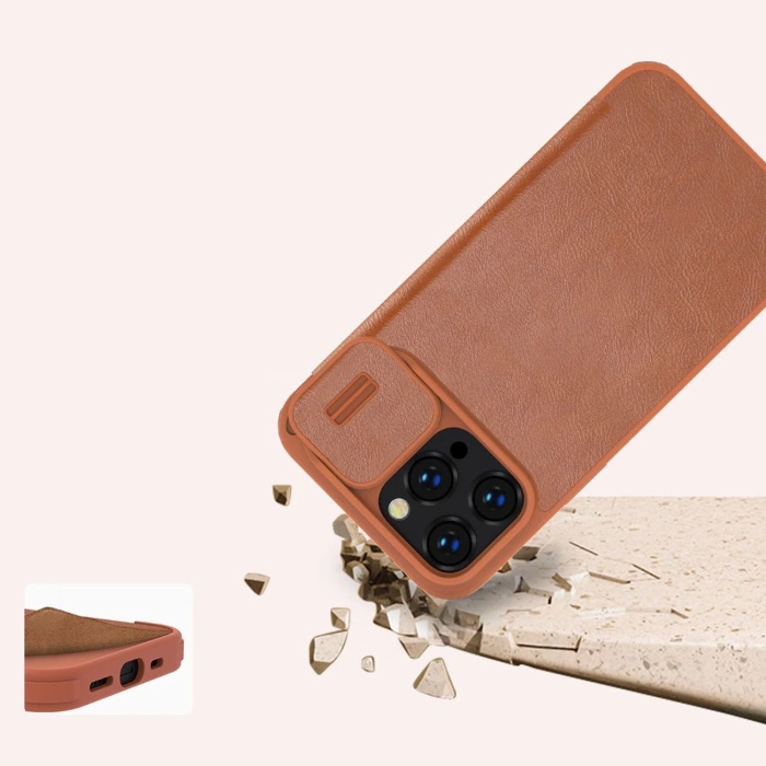 Nillkin Qin Leather Pro Case etui iPhone 14 Pro Max osłona na aparat kabura pokrowiec obudowa z klapką brązowy