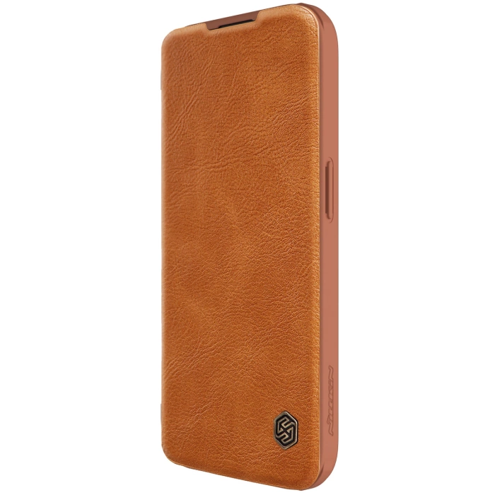 Skórzane etui z klapką osłoną aparatu do iPhone 15 Pro Nillkin Qin Pro Leather - brązowe