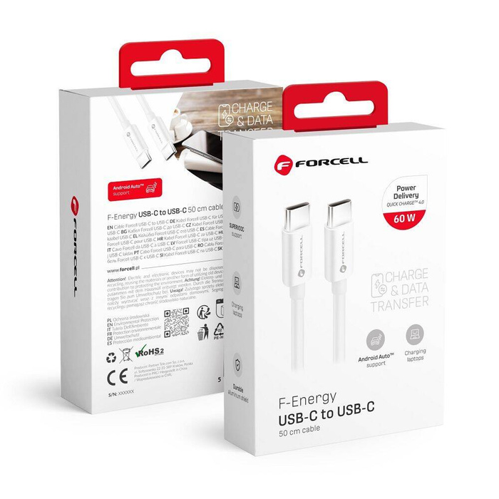 FORCELL F-ENERGY C338 kabel Typ C do Typ C PD QC4.0 3A 60W 0,5 m biały