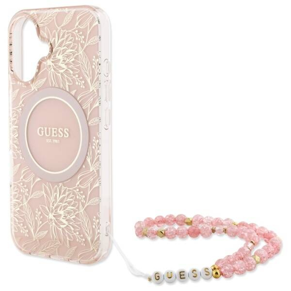 Etui Guess iPhone 16 6.1" różowy/pink hardcase IML Flowers Allover Electro With Pearl Strap MagSafe