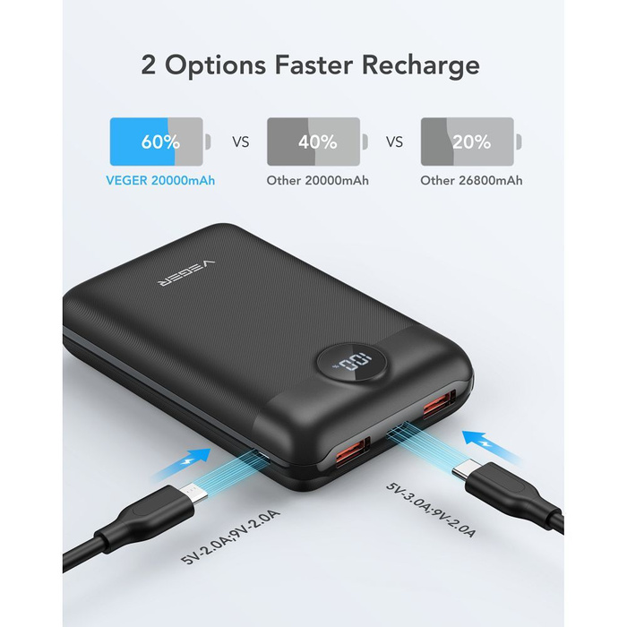 VEGER powerbank 20000 mAh PD QC3.0 2A 22,5W S20 (W2053) czarny