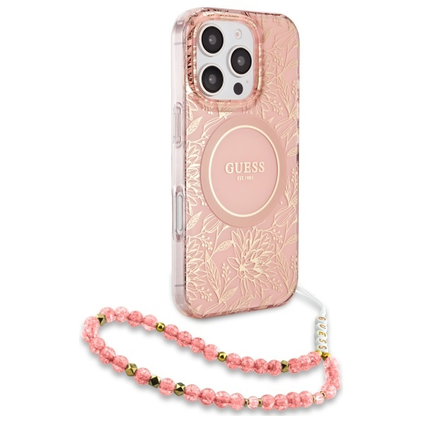 Guess GUHMP16XHCPOFPP iPhone 16 Pro Max   6.9" różowy/pink hardcase IML Flowers Allover Electro With Pearl Strap MagSafe