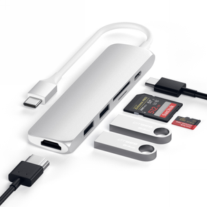 Satechi Aluminium Adapter Slim v2 - aluminiowy adapter podróżny do urządzeń mobilnych USB-C (USB-C, 2x USB-A, 4K HDMI, czytnik kart micro/SD) (silver)