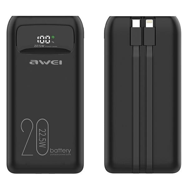 AWEI PowerBank P169K 20000mAh 22.5W czarny/black wyświetlacz + kable PD/Lightning