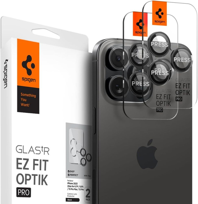 Osłona Aparatu Spigen Optik.tr ”ez Fit” Camera Protector 2-pack iPhone 16 Pro iPhone 16 Pro Max iPhone 15 Pro iPhone 15 Pro Max iPhone 14 Pro Max, Apple iPhone 14 Pro Black