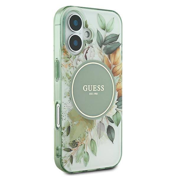 Etui Guess iPhone 16 6.1" zielony/green hardcase IML Flower & Tonal Circle MagSafe