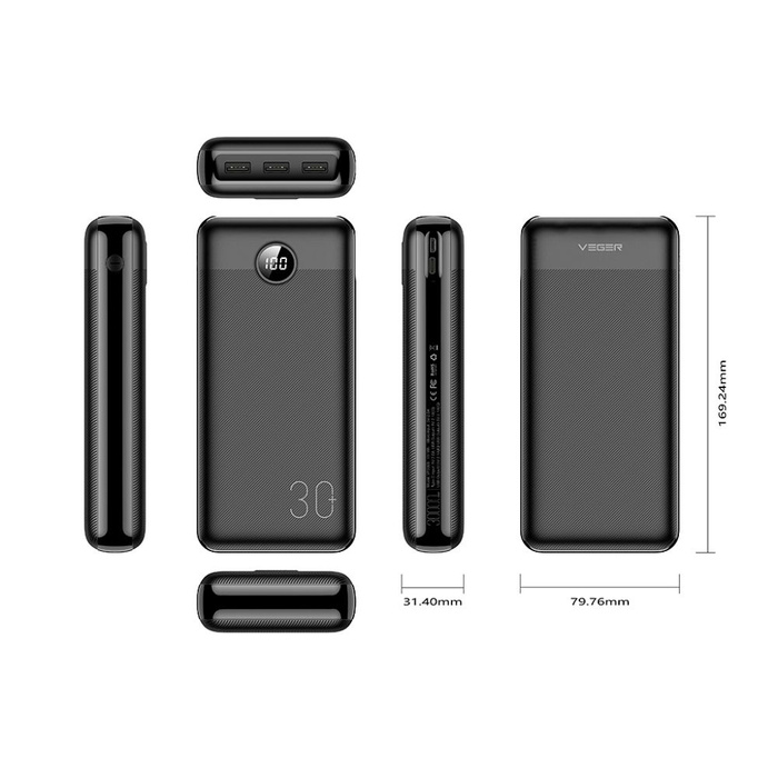 VEGER powerbank 30000 mAh PD QC3.0 3A 20W L30 (W3008PD) czarny