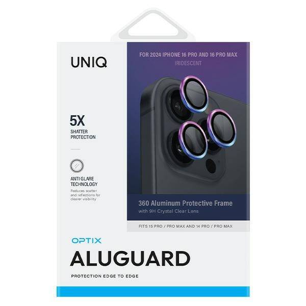 UNIQ Optix Aluminium Camera Lens Protector iPhone 16 Pro 6.3" / 16 Pro Max 6.9" iridescent szkło na obiektyw aparatu z aplikatorem