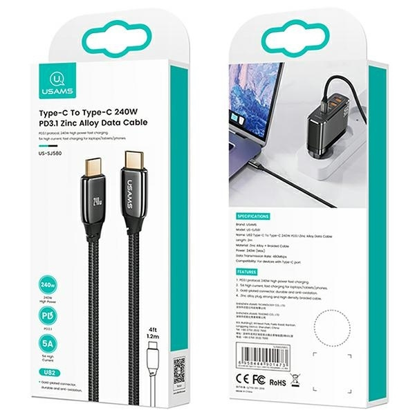 USAMS Kabel pleciony U82 USB-C na USB-C 2m 240W PD 3.1 Fast Charging czarny/black SJ581USB01 (US-SJ581)