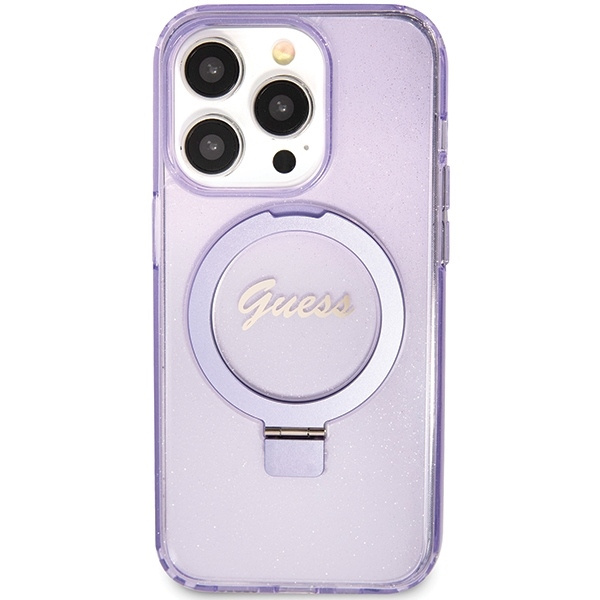 Etui Guess GUHMP15LHRSGSU iPhone 15 Pro 6.1" fioletowy/purple hardcase Ring Stand Script Glitter MagSafe Case