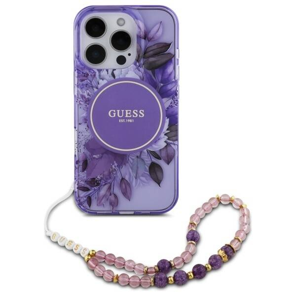 Etui Guess iPhone 16 Pro 6.3" fioletowy/purple hardcase IML Flowers With Pearl Strap MagSafe