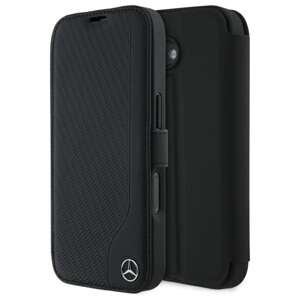 Etui Mercedes iPhone 16 6.1" czarny/black Leather Wood Imitation