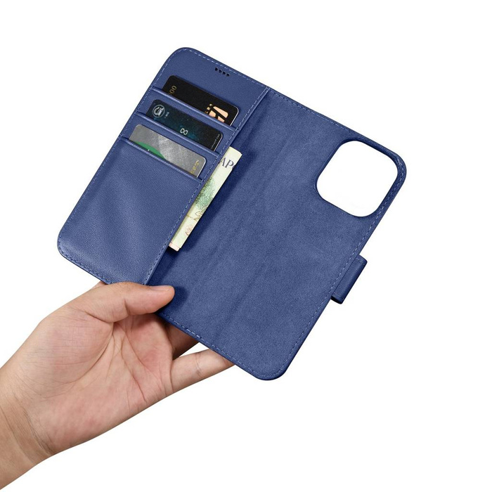 iCarer Wallet Case 2in1 etui iPhone 14 Pro Max skórzany pokrowiec z klapką Anti-RFID niebieski (WMI14220728-BU)