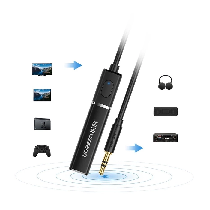 Ugreen transmiter Bluetooth 5.0 bezprzewodowy adapter audio 3,5 mm mini jack czarny 40761 CM107