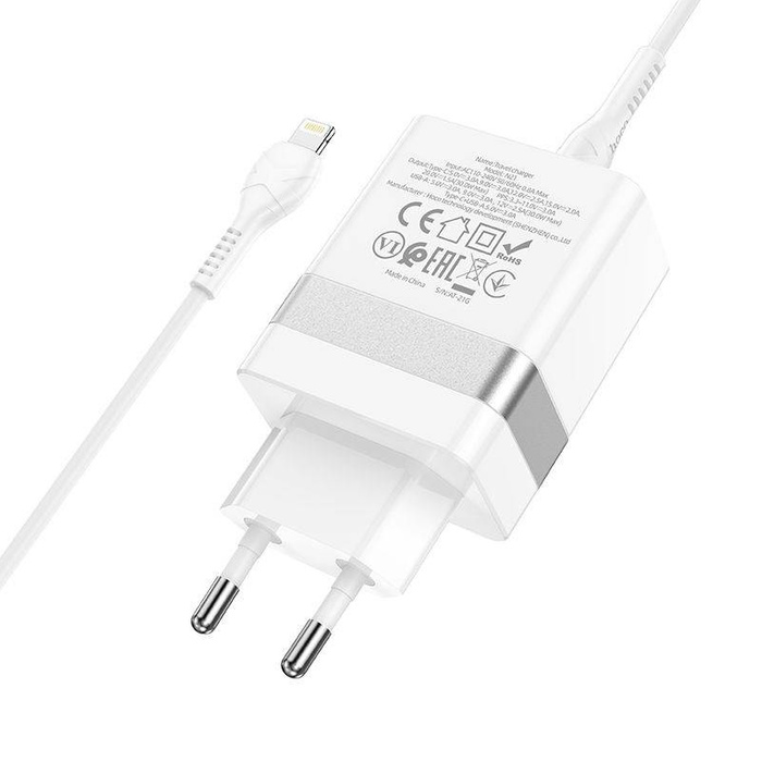 HOCO ładowarka sieciowa Typ C + USB QC3.0 z kablem do iPhone Lightning 8-pin Power Delivery 30W Starter N21 biała