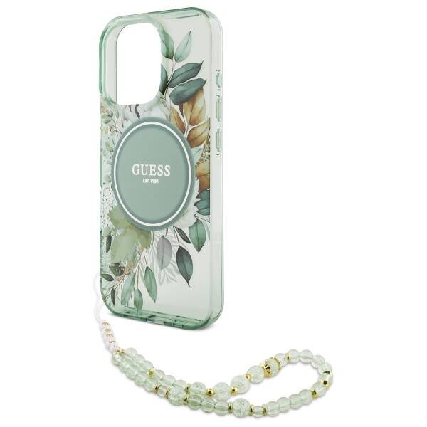 Etui Guess iPhone 16 Pro 6.3" zielony/green hardcase IML Flowers With Pearl Strap MagSafe