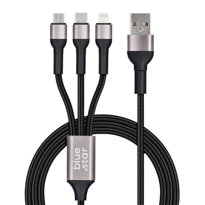 BLUE STAR kabel z oplotem 2,4A 3w1 USB A do Lightning / Micro USB / Typ C TFK-DC-010 1,2 m czarny