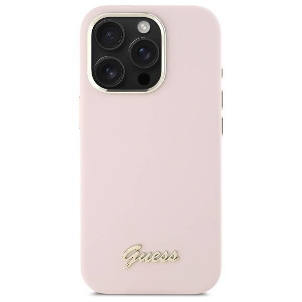 Etui Guess iPhone 16 Pro różowy/pink hardcase Silicone Script Metal Logo & Frame