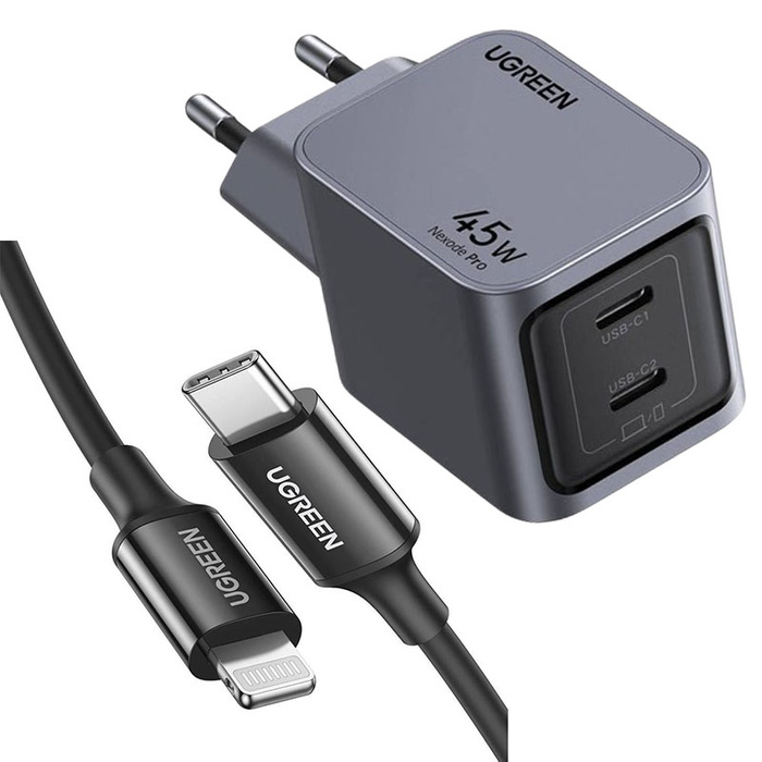 Ładowarka sieciowa US316 Ugreen Nexode Pro 45W, 2x USB-C (szara) + Kabel Ugreen USB Typ C - Lightning MFI 1m 3A 18W