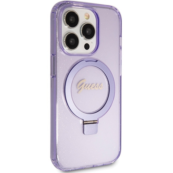 Etui Guess GUHMP15LHRSGSU iPhone 15 Pro 6.1" fioletowy/purple hardcase Ring Stand Script Glitter MagSafe Case