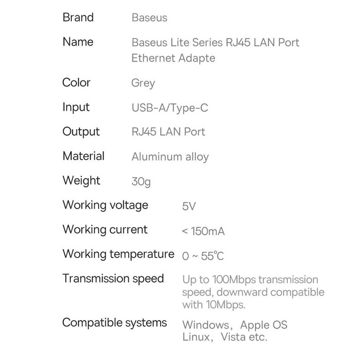 Baseus Lite Series Ethernet Adapter USB-A to RJ45 LAN Port (100Mbps Aluminum Alloy) Grey