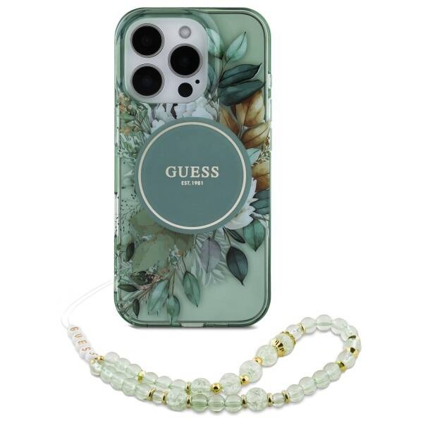 Etui Guess iPhone 16 Pro 6.3" zielony/green hardcase IML Flowers With Pearl Strap MagSafe