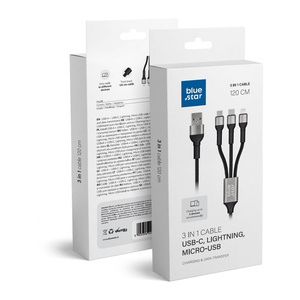 BLUE STAR kabel z oplotem 2,4A 3w1 USB A do Lightning / Micro USB / Typ C TFK-DC-010 1,2 m czarny