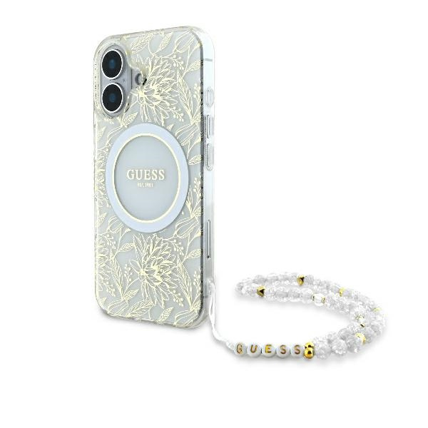 Etui Guess iPhone 16 6.1" biały/white hardcase IML Flowers Allover Electro With Pearl Strap MagSafe