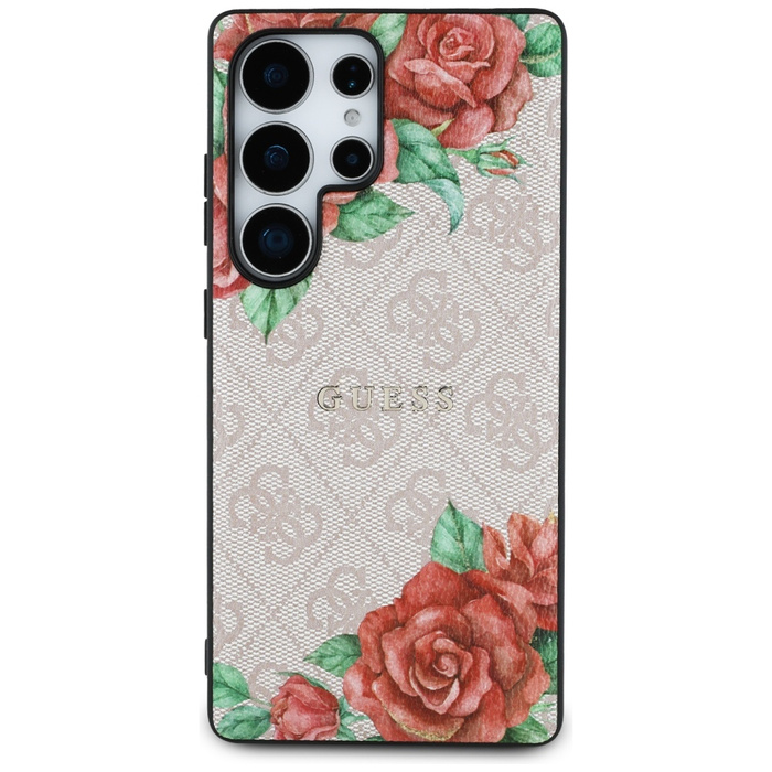 Etui Guess Leather 4G Flowers Print       Metal Classic Logo MagSafe Samsung Galaxy S25 Ultra różowy