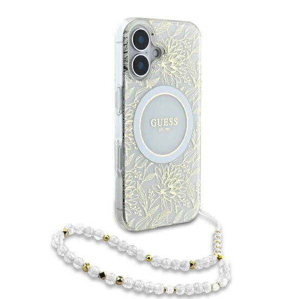 Etui Guess iPhone 16 6.1" biały/white hardcase IML Flowers Allover Electro With Pearl Strap MagSafe